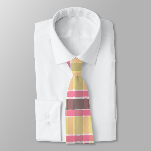 Popcorn Yellow Bubblegum Pink Coffee Brown Plaid  Tie (Tied)