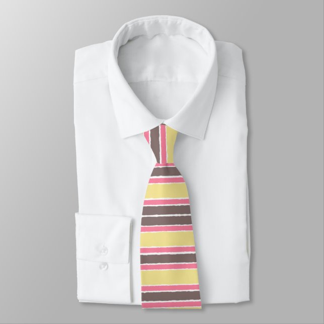 Popcorn Yellow Bubblegum Pink Coffee Brown Stripes Tie (Tied)