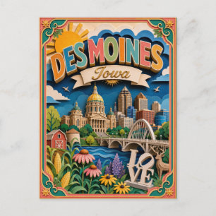 PopCut States Des Moines Iowa Paper Art Postcard
