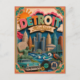 PopCut States Detroit Michigan Paper Art Postcard