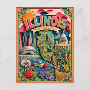 PopCut States Illinois Colourful 3D Paper Art Postcard