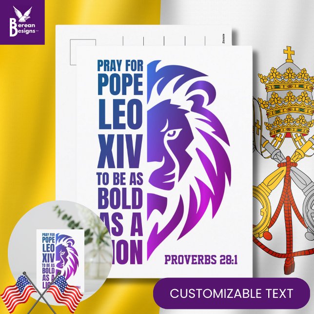 POPE LEO XIV Pray Bold Lion Christian Catholic Holiday Postcard (Celebrate the new pope with this PRAY FOR POPE LEO XIV postcard with CUSTOMIZABLE TEXT for Catholics)