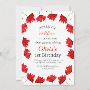 Poppies 1st First Birthday Girl Red Floral  Invitation