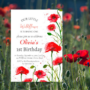 Poppies 1st First Birthday Girl Red Floral  Invitation