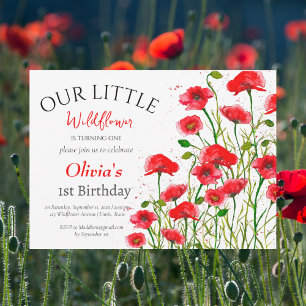 Poppies 1st First Birthday Girl Red Floral  Invitation