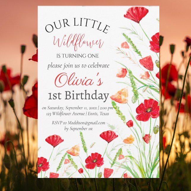 Poppies 1st First Birthday Girl Red Floral  Invitation (Creator Uploaded)