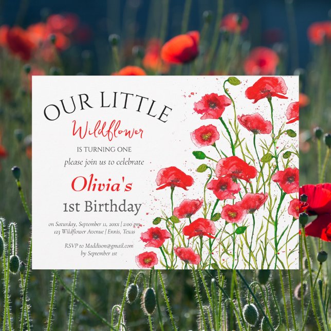 Poppies 1st First Birthday Girl Red Floral  Invitation (Creator Uploaded)
