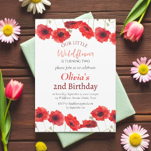 Poppies 2nd Second Birthday Girl Red Floral  Invitation