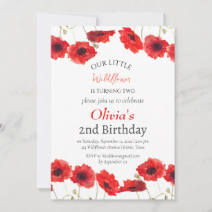 Poppies 2nd Second Birthday Girl Red Floral Invitation