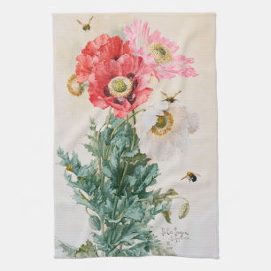 Poppies and Bees by Paul de Longpré Tea Towel