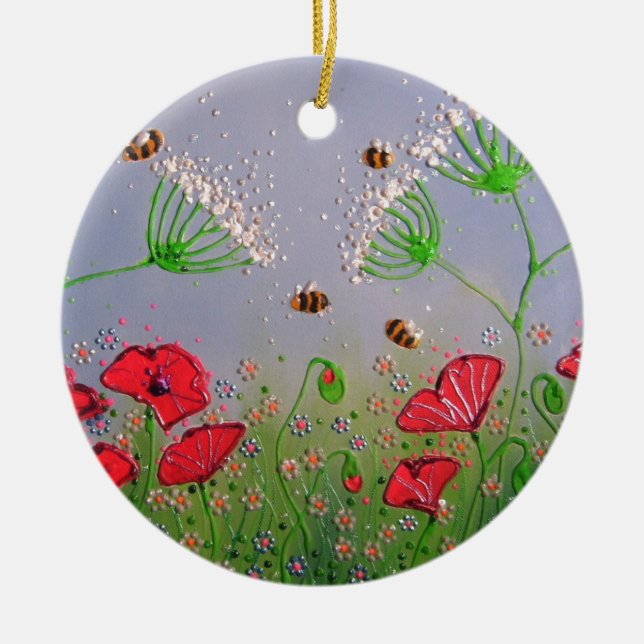 Poppies and Bees Ceramic Tree Decoration (Front)