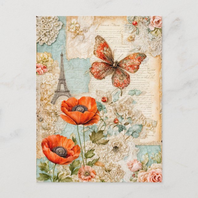 Poppies and Butterfly with Eiffel Tower Holiday Postcard (Front)