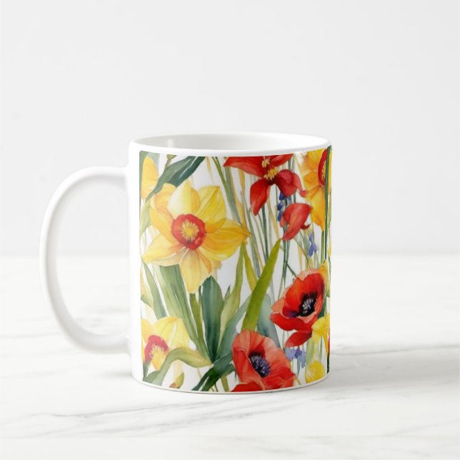 Poppies and daffodils cheerful art coffee mug (Left)