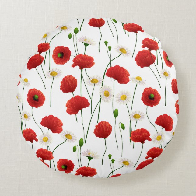 Poppies and daisies round cushion (Front)