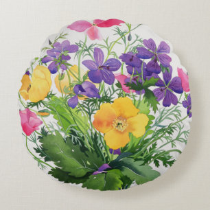 Poppies and Geraniums Round Cushion