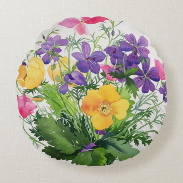 Poppies and Geraniums Round Cushion (Front)