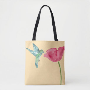 Poppies and hummingbird tote