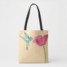 Poppies and hummingbird tote