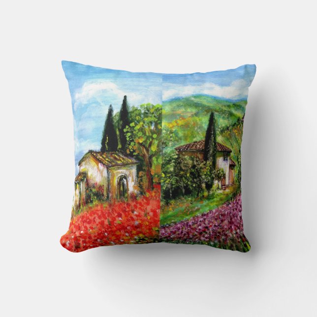 POPPIES AND IRISES IN TUSCANY LANDSCAPE CUSHION (Front)
