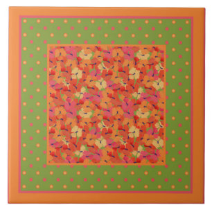 Poppies and Polka Dots Border Pattern on Green Tile
