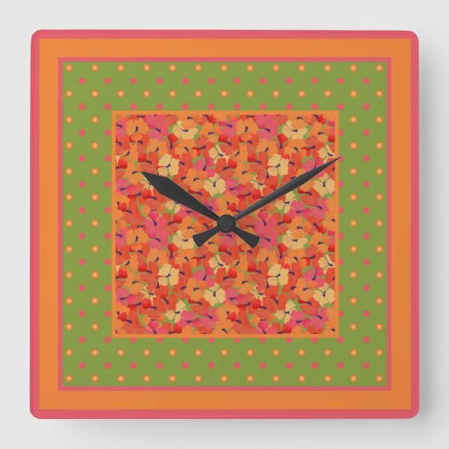 Poppies and Polka Dots on Green Square Wall Clock (Front)