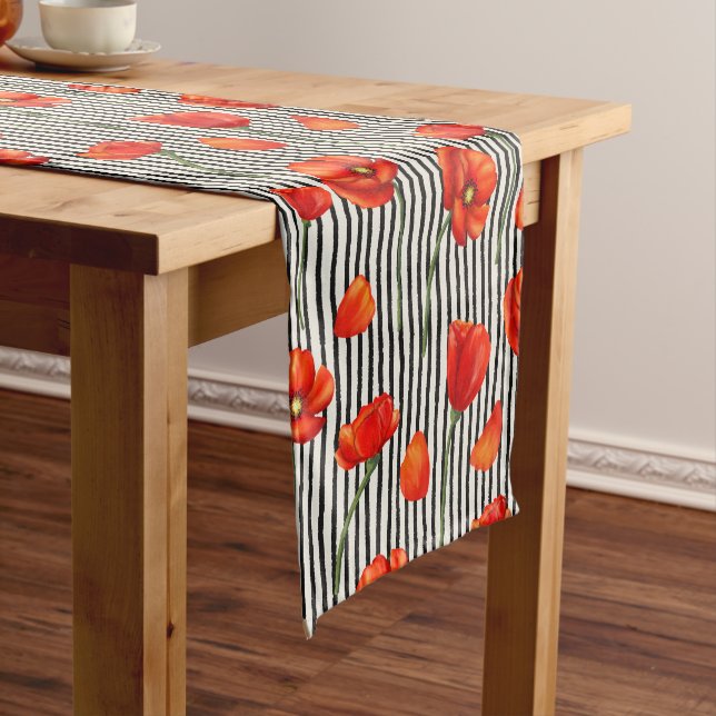 Poppies and stripes pattern short table runner (In Situ)