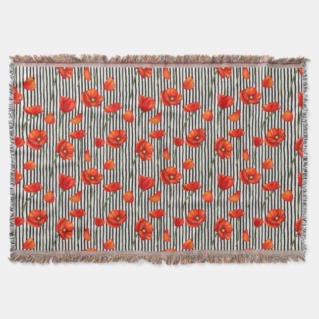 Poppies and stripes pattern throw blanket (Front)