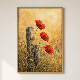 Poppies at the Fence Line Watercolour Poster