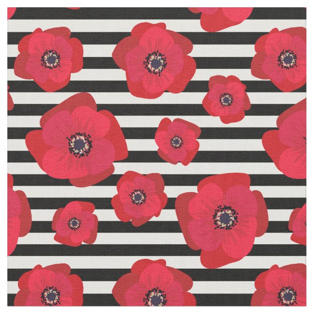 Poppies & Black Stripes - Seamless Pattern Fabric (Close Up)