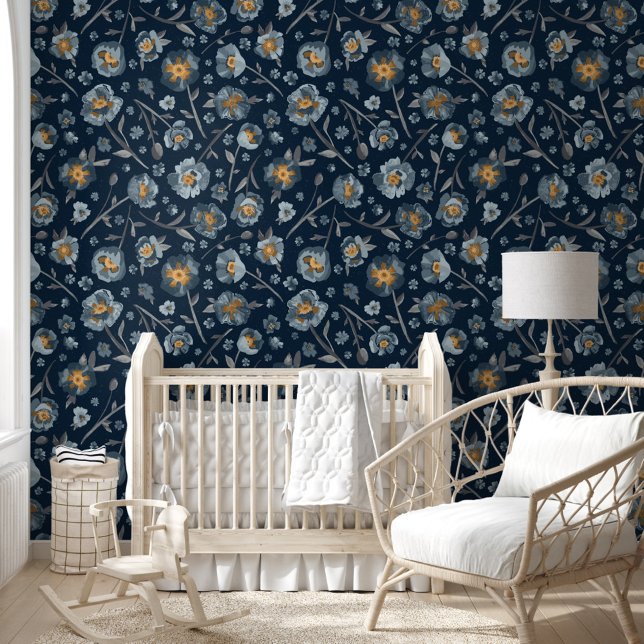 Poppies Blue Floral Botanical Pattern Wallpaper (Poppies Blue Floral Botanical Pattern Wallpaper from Studio Posies.)