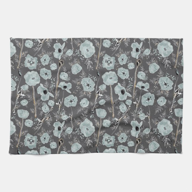 Poppies Blue Grey Black Watercolor Flowers Tea Towel (Horizontal)