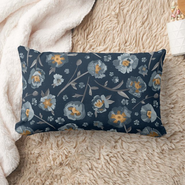 Poppies Blue Grey Floral Pattern Lumbar Cushion (Poppies Blue Gray Floral Pattern Lumbar Pillow from Studio Posies.)