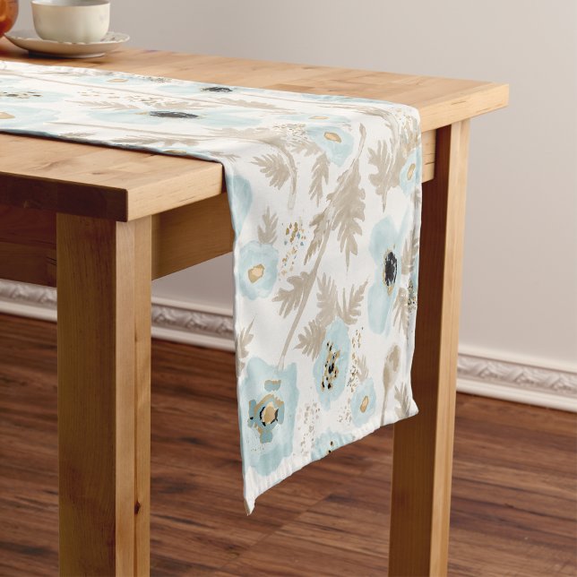 Poppies Blue Tan Floral Pattern Decor Short Table Runner (Light Blue Tan Watercolor Floral Pattern Poppies Short Table Runner from Studio Posies. )