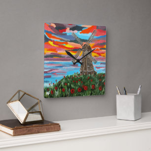 Poppies by the Windmill Painting by Alfred Fox Square Wall Clock