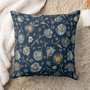 Poppies Charming Blue Grey Yellow Poppy Floral Cushion