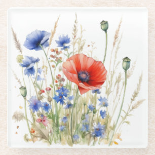  Poppies & Cornflowers: Rustic Meadow Watercolor  Glass Coaster