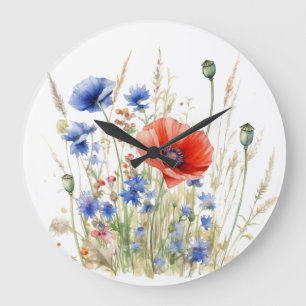 Poppies & Cornflowers: Rustic Meadow Watercolor Large Clock