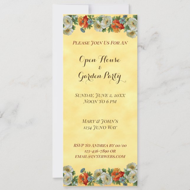 Poppies Custom Open House Garden Party Invitations (Back)