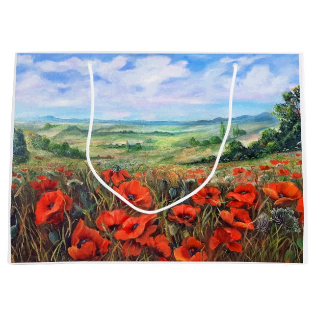 Poppies Field Landscape Oil Painting Large Gift Bag (Front)