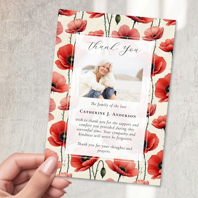 Poppies Floral Memorial Photo Sympathy Funeral Thank You Card (Creator Uploaded)