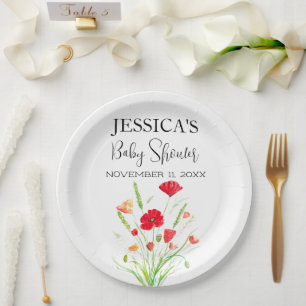 Poppies Flowers Poppy Baby Shower Wildflower girl Paper Plate
