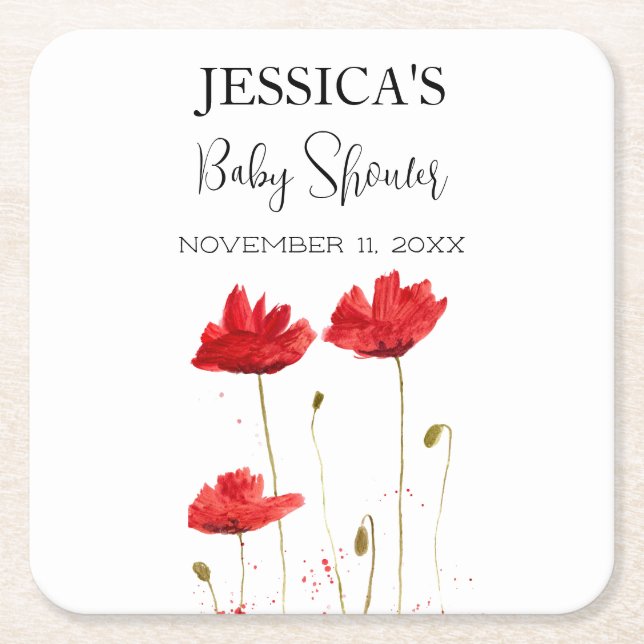 Poppies Flowers Poppy Baby Shower Wildflower girl Square Paper Coaster (Front)