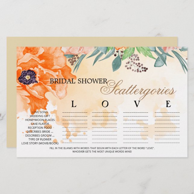 Poppies foliage bridal shower scattergories (Front/Back)