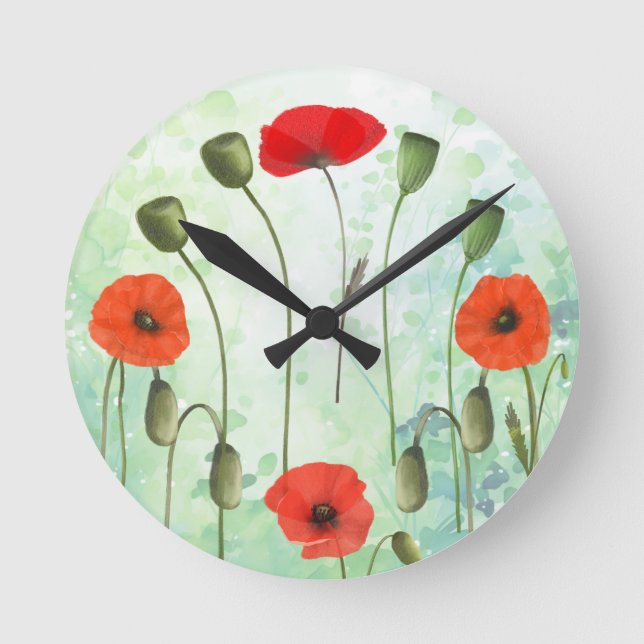 Poppies & greenery round wall clock (Front)