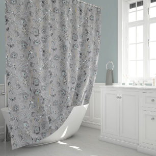 Poppies Grey Light Blue Watercolor Floral Pattern  Shower Curtain