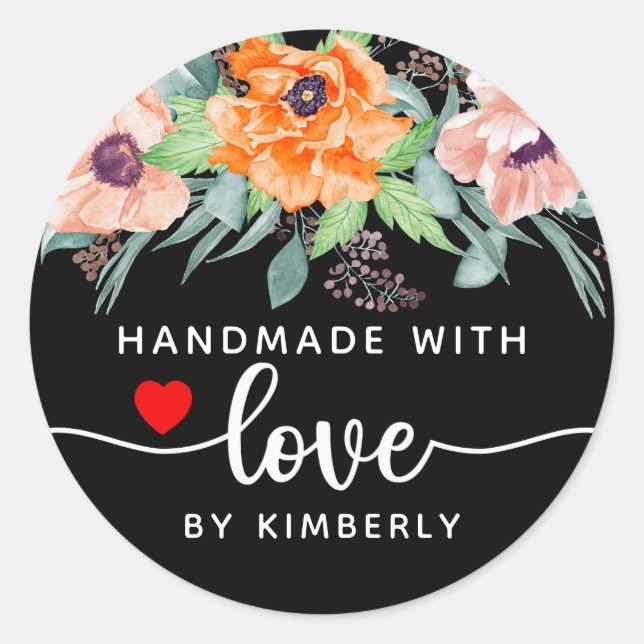 Poppies Handmade with Love Black Classic Round Sticker (Front)