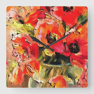 Poppies In A Glass Vase Black Outline Art Square Wall Clock