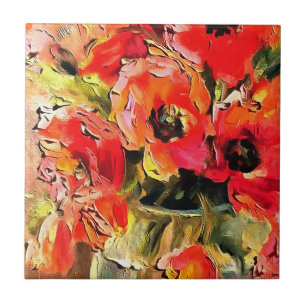 Poppies In A Glass Vase Black Outline Art Tile