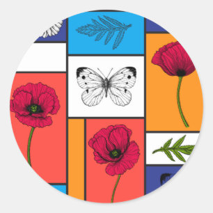 Poppies in colourful boxes classic round sticker