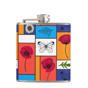 Poppies in colourful boxes hip flask